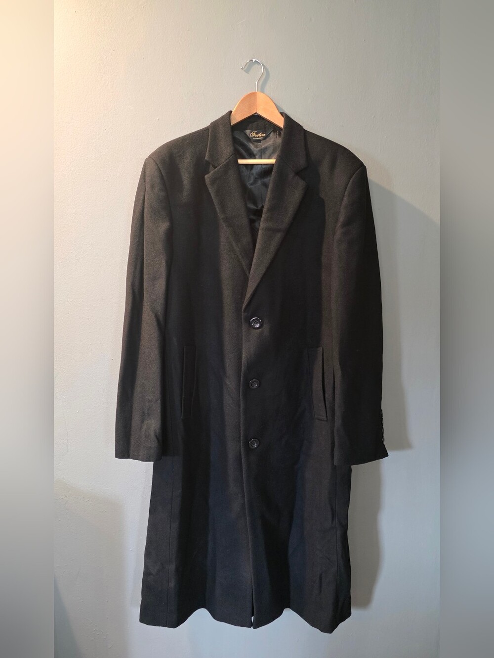 Fortini Italian Colezione Merino Wool Black Long Overcoat Mens 44L